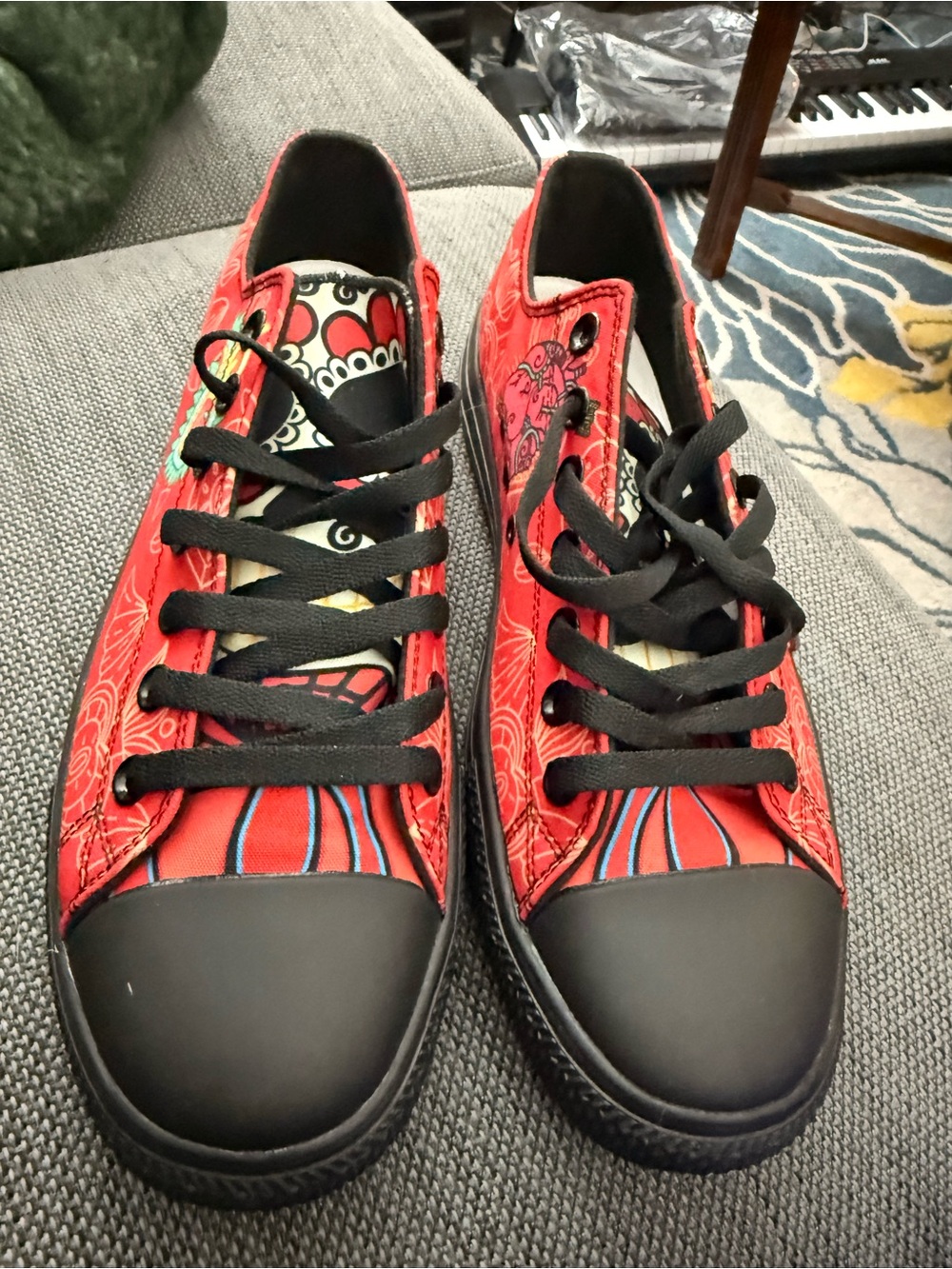 Red Graphic Low-Top Sneakers with Black Toe Cap